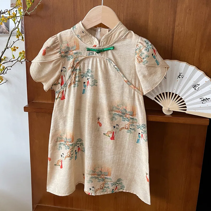 Girls' Summer Dress2024New Children's Chinese Style Cheongsam Dress Medium and Big Children's High-End Retro Princess Dress Fash