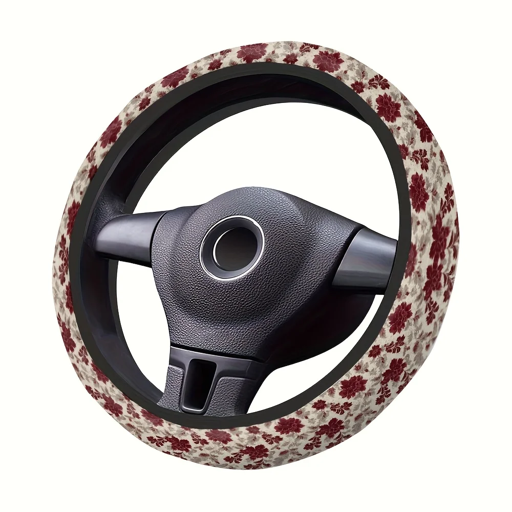 1pc Car Steering Wheel Cover, Beige Base with Dark Red Flowers and Silvery-gray Leaves, Vintage Floral Pattern