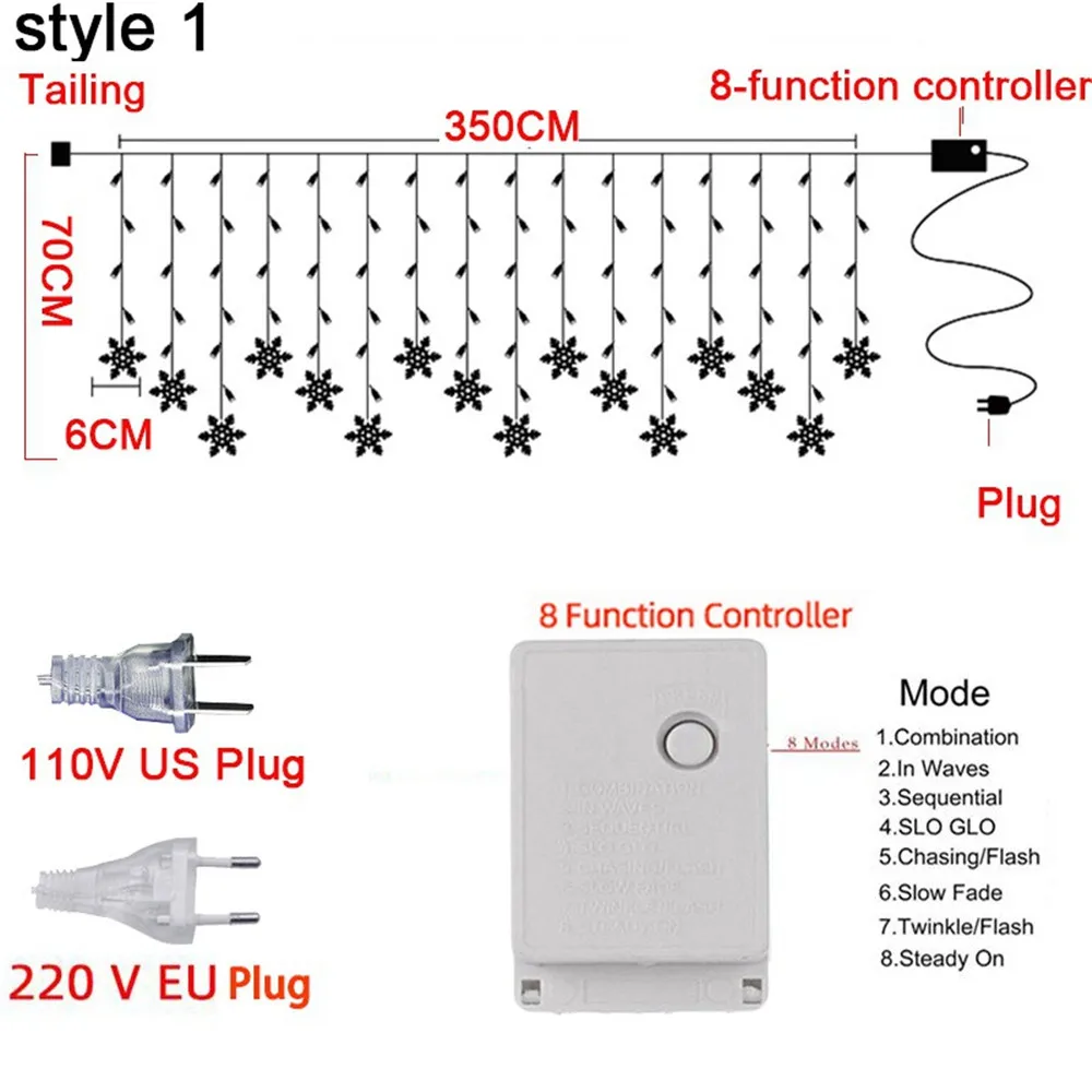 Rideau LED flocon de neige guirlandes lumineuses vague fée lumière fête de vacances décoration de noël avec 8 Modes décoration de jardin