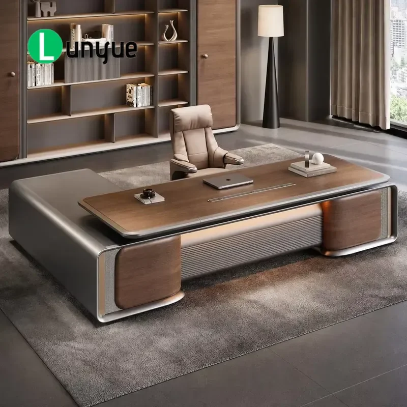 L Shaped Executive Desk Wood Veneer LED Light Modern Luxury Boss Table Durable Eco Friendly Office Furniture for CEO Manager