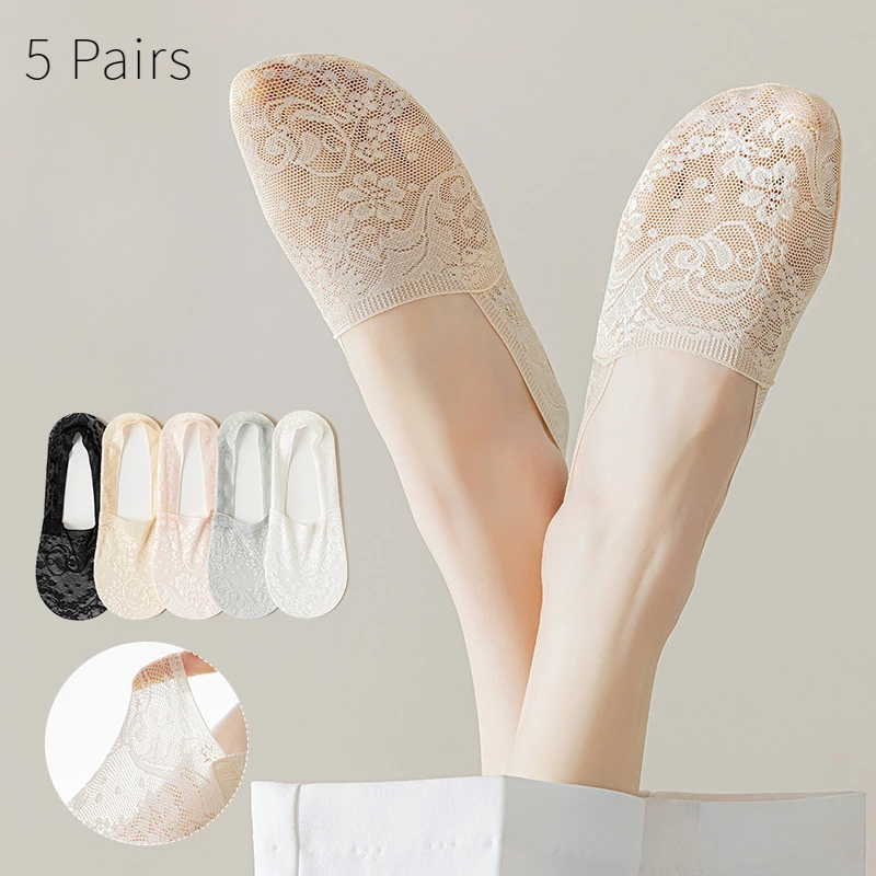 5 Pairs Of Fashionable Women\'s Summer Non Slip Invisible Ankle Socks Wth Lace Flower Style Socks