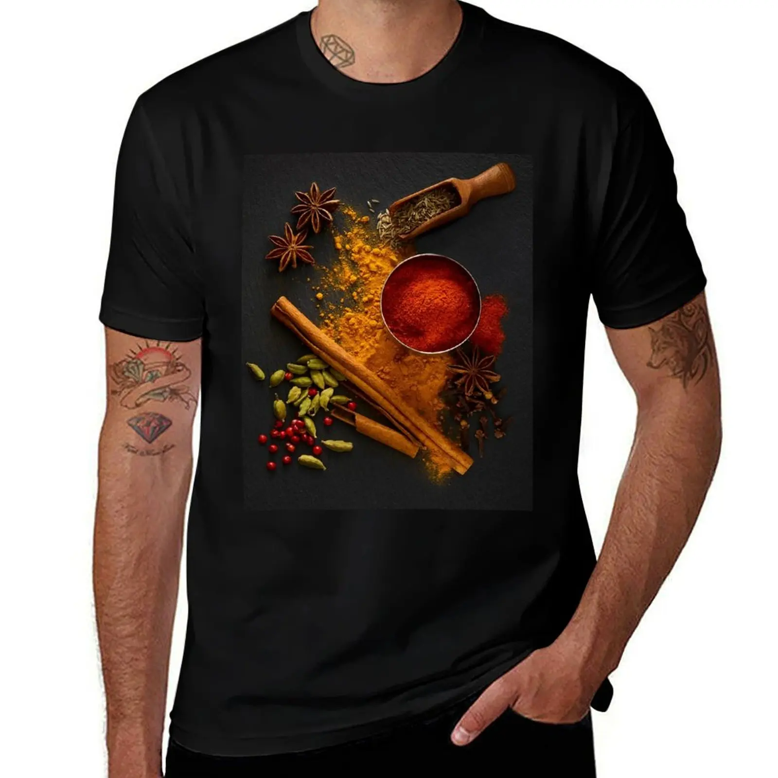 Dried spices on black slate (F020/5548) T-Shirt Casual Work Wear T-Shirt