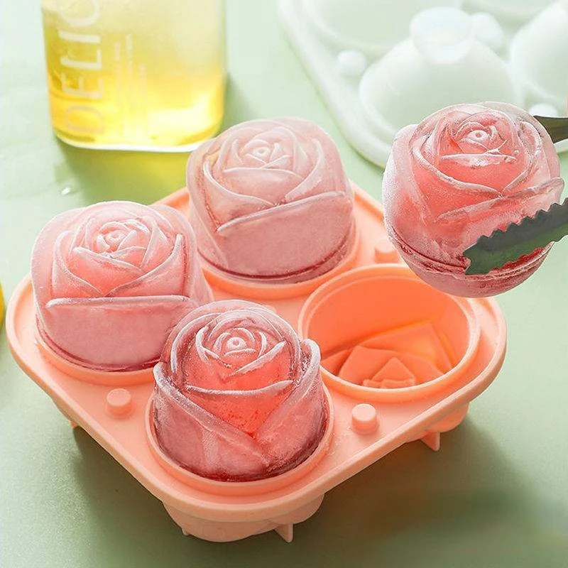 3D Rose Ice Molds Kitchen 2.5 Inch Small Ice Cube Trays Make 4 Grids Cute Flower Shape Silicone Rubber Fun Ice Ball Maker