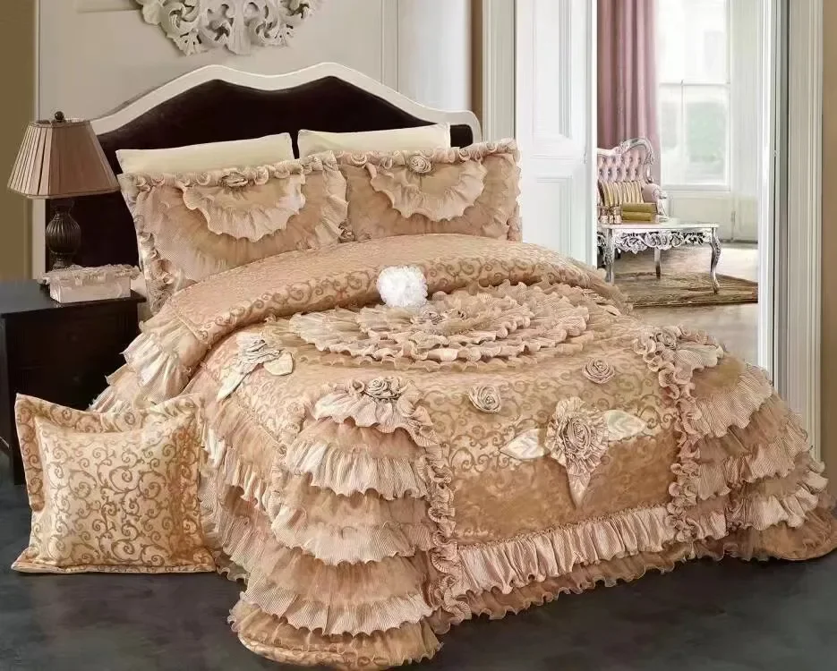 Korean style Floral curtain bedding set Beige Wedding Lace Jacquard Bedspreads