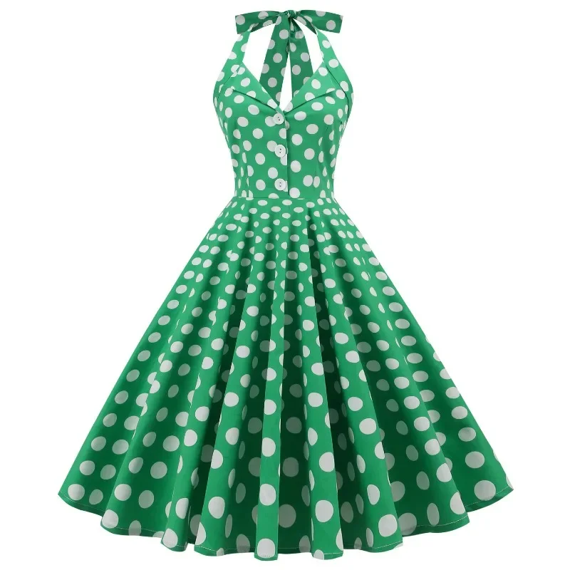 Hepburn-Robe dos nu à col rabattu vintage, robe mi-longue sexy, col frontal, pois rétro, vert, années 50 et 60, nouveau, 2025