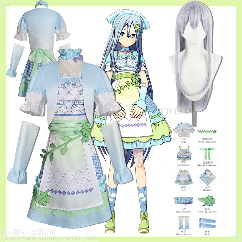

Anime Game Project Sekai Yoisaki Kanade Blue Green Idyllic Style Cosplay Costume Clover Pattern Kawaii Lolita Halloween