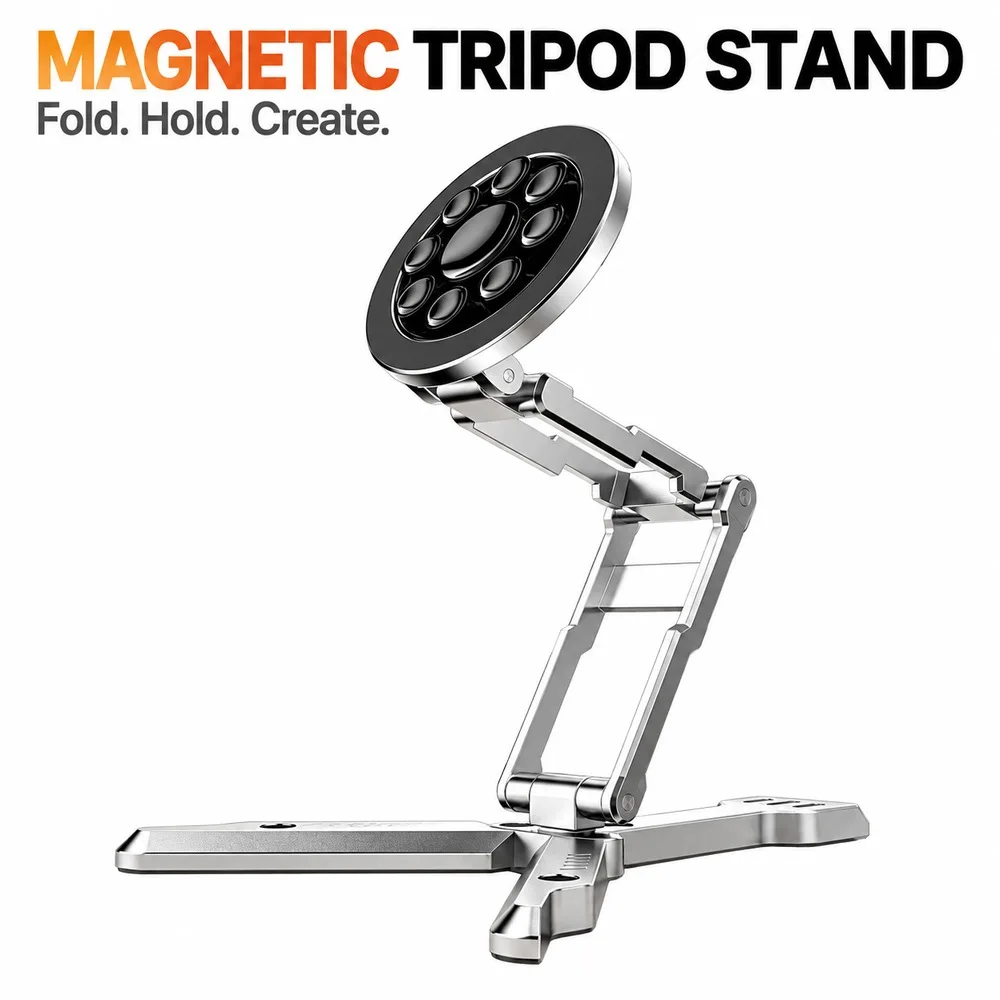 Foldable Magnetic Mobile Tripod Stand, Aluminum Alloy Desktop Holder, Adjustable Travel Selfie Grip for Video Calls and Vlogging