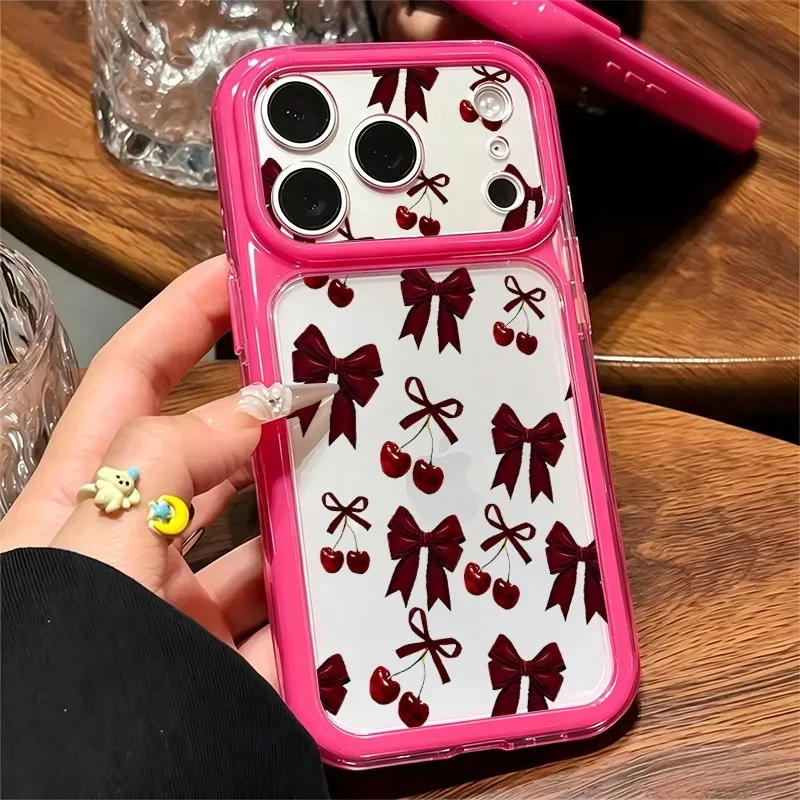 Coquette Burgundy Bow Cherry Print Phone Case, Large Window Soft TPU Shockproof Cover For iPhone