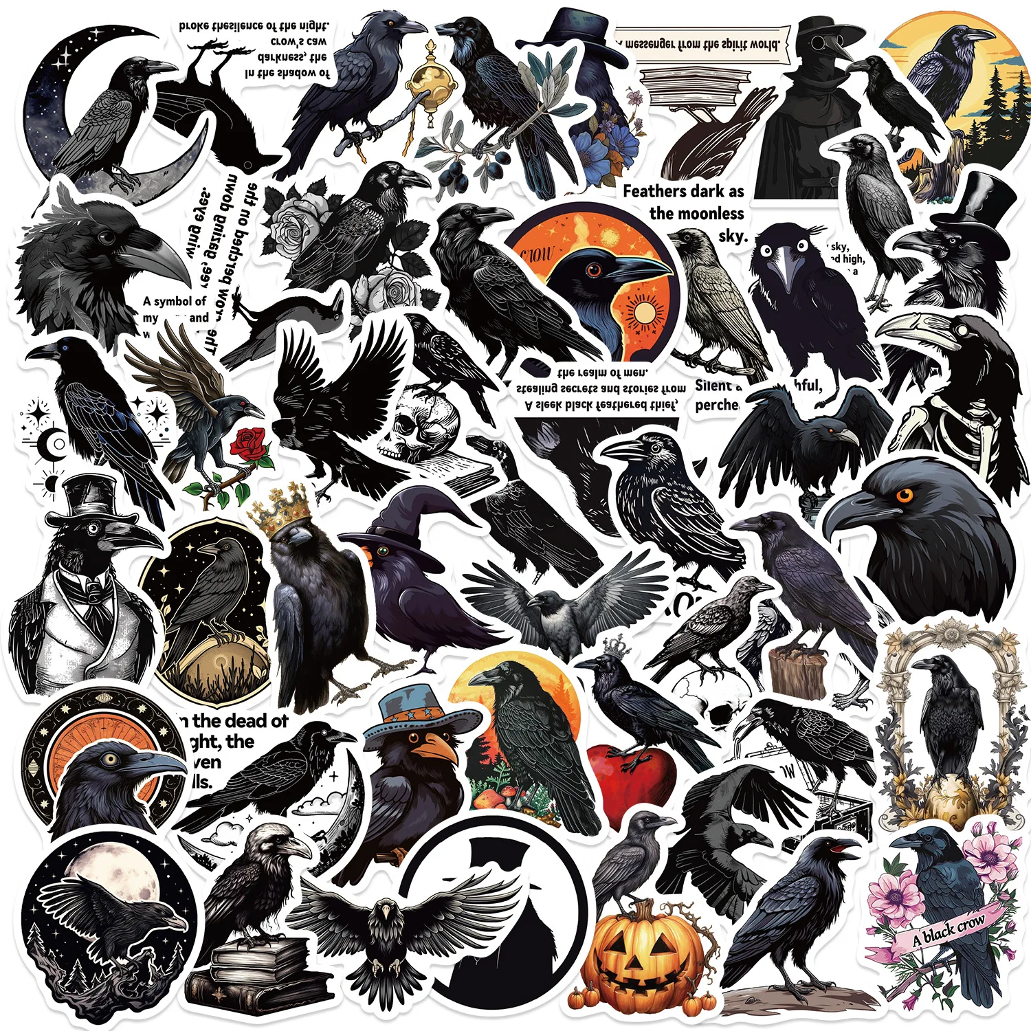 50 pcs Cartoon Black Crow Graffiti Stickers Decoration Guitar Laptop Luggage DIY Waterproof Halloween Stickers