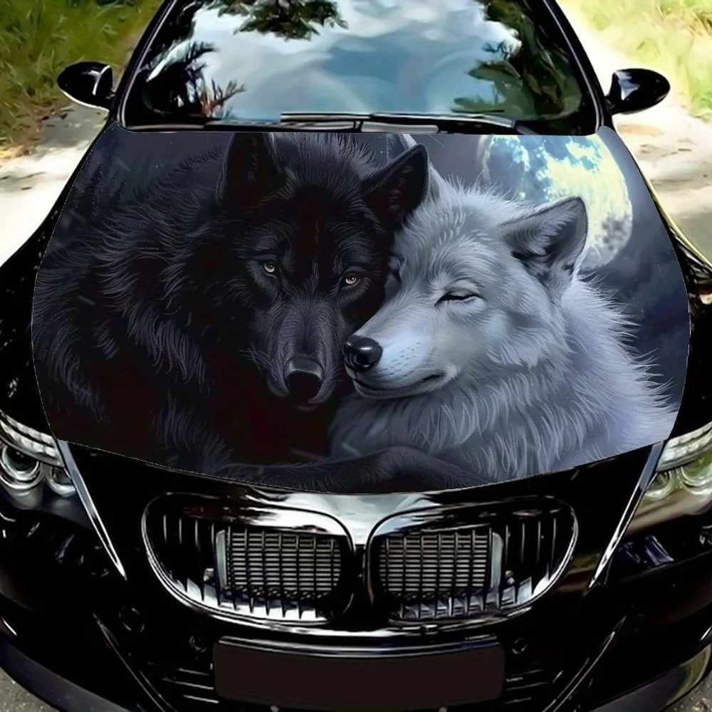 Black Wolf and White Wolf Car Cover Coatings Under Moonlight, PVC Waterproof Car Cover Stickers, Self-adhesive Scratch Resistant