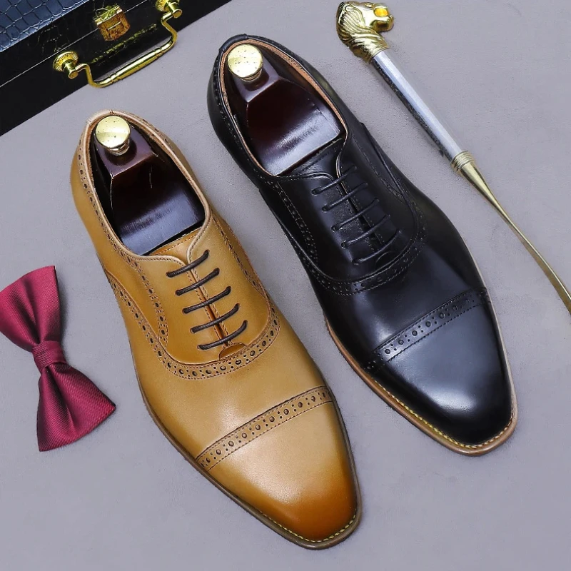 

Vintage Mens Genuine Leather Brogues Shoes Luxury Handmade Comfortable Elegant Black Wedding Social Oxfords Business Shoes Man