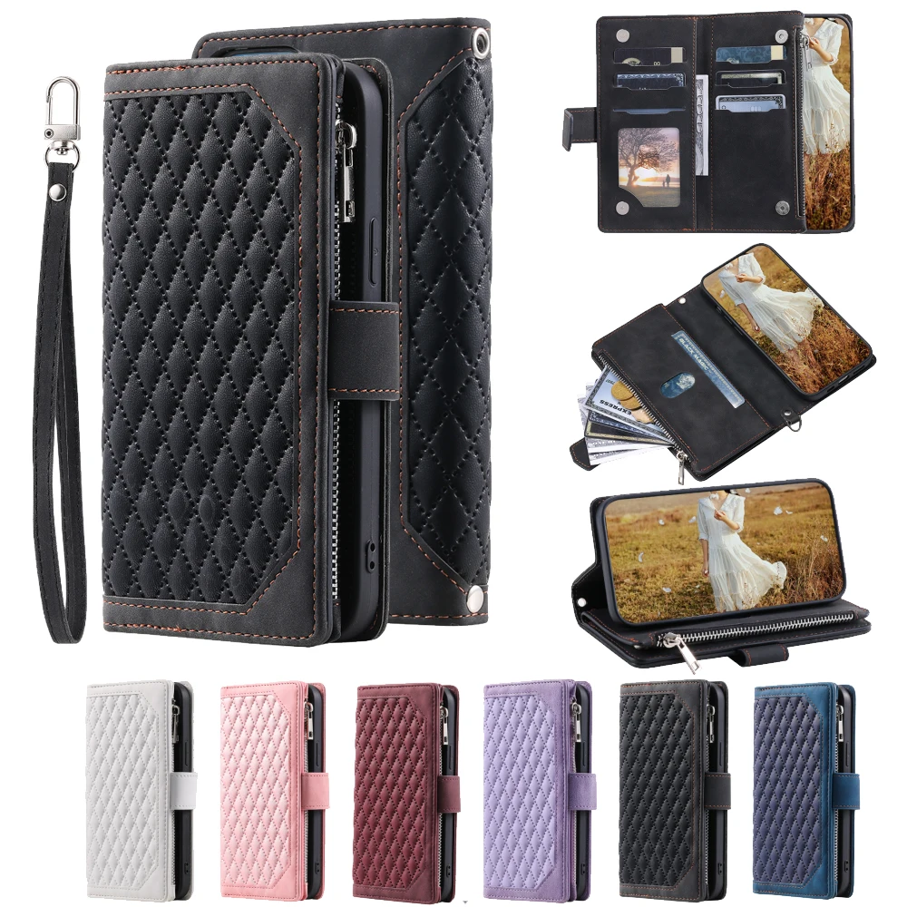 Fashion Zipper Wallet Case For Redmi Note 8T Flip Cover Multi Card Slots Cover Phone Case Card Slot Folio with Wrist Strap