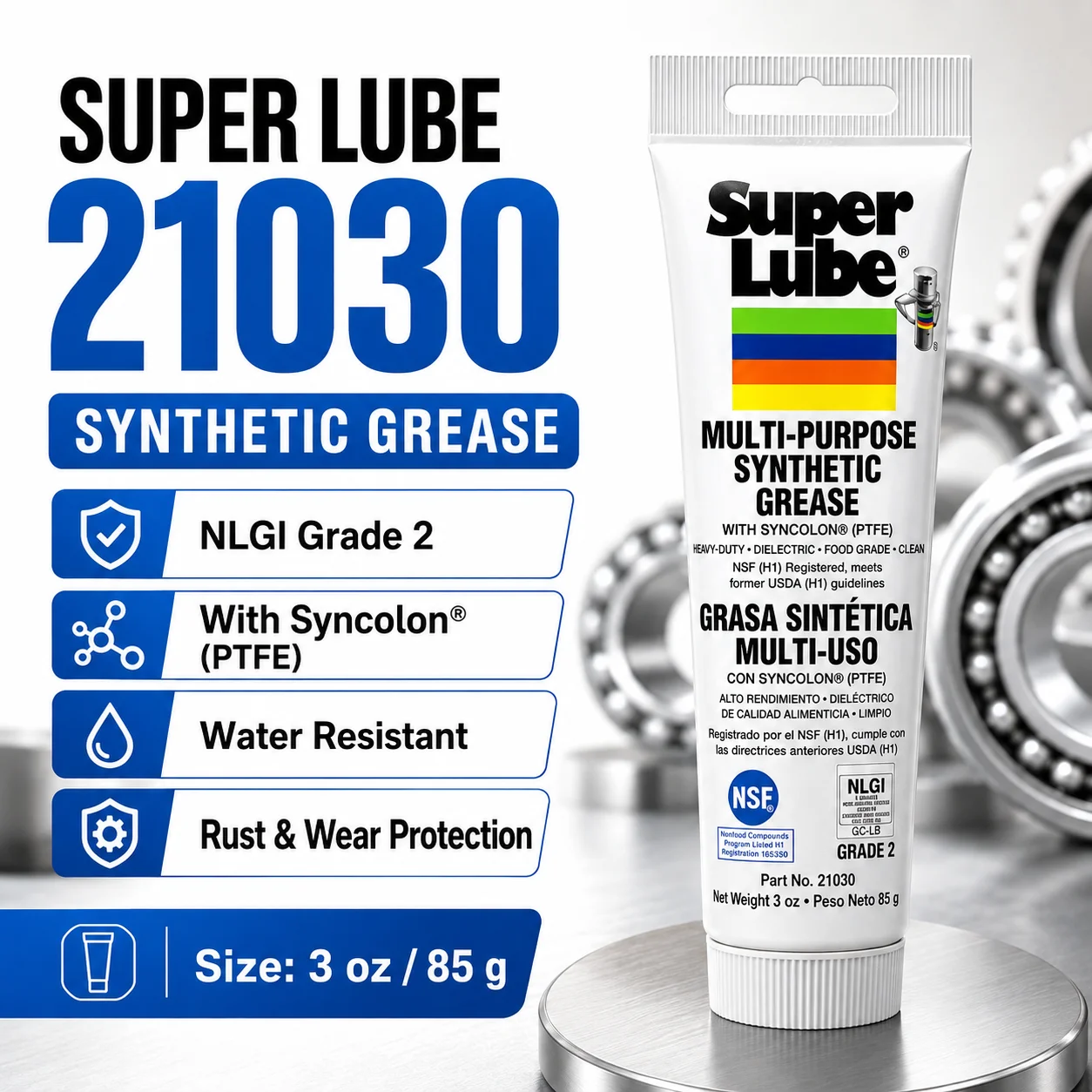 Super Lube 21030 Multi-Purpose Synthetic Grease 3oz NSF H1 Food Grade PTFE Grease for Track Hinge Chain Bearing