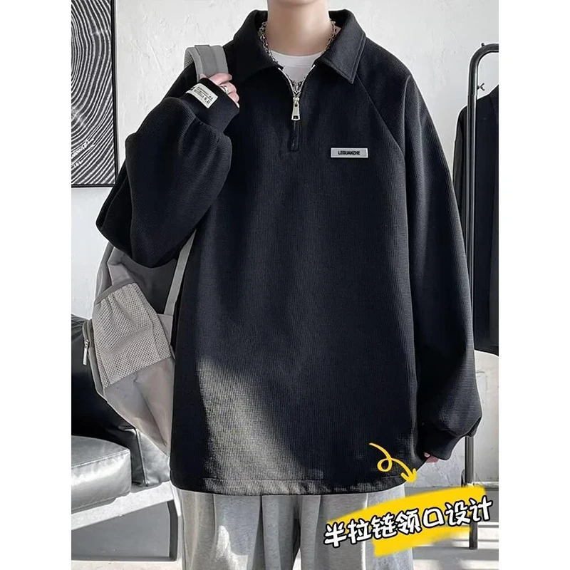 Autumn Waffle Plaid Half Zipper Long Sleeve Polo T Shirt Teenagers Fashion Vintage Casual Loose Clothing Tops Black Blue Apricot
