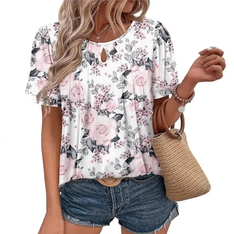 

2025 Independent Station New Floral Print round Ne T-irt Casual ort Sve Pleated Flower Women's Autumn ort Sve T...