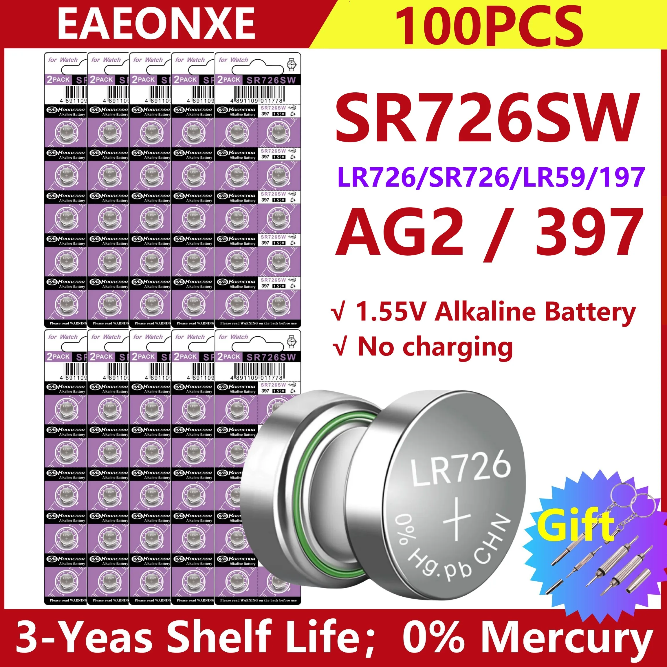 100pcs AG2 397 Alkaline Battery 396A LR726 SR726SW LR59 1.55V Button Cell Batteries