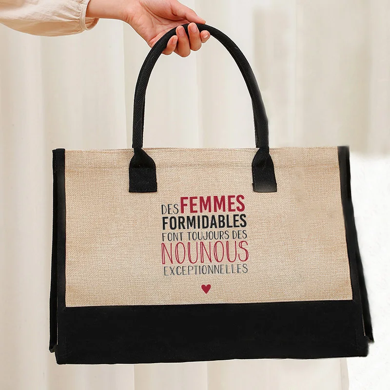 

Women Jute Shopping Bag Summer Beach Bags Storage Bag Large Capacity Lady Printing Text Series Totes Casual Girls