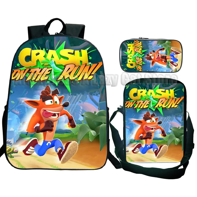 Cartable Crash Bandicoot On the Run avec sac initié, sac à dos Anime de dessin animé, élèves du primaire et du secondaire, 3 pièces