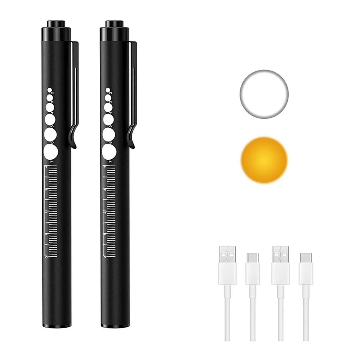 2Pcs Rechargeable Pen Lights with Pupil Gauge & Ruler, LED Penlights for Nurses Doctors, Echargeable, Warm/White