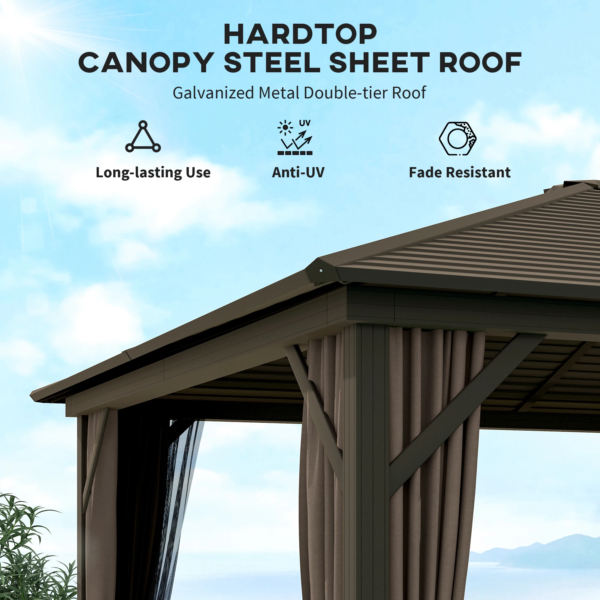 10' X 12' Hardtop Gazebo with Aluminum Frame, Permanent Metal Roof Gazebo Canopy with 2 Hooks, Curtains and Netting for Garden, Coffee image 4