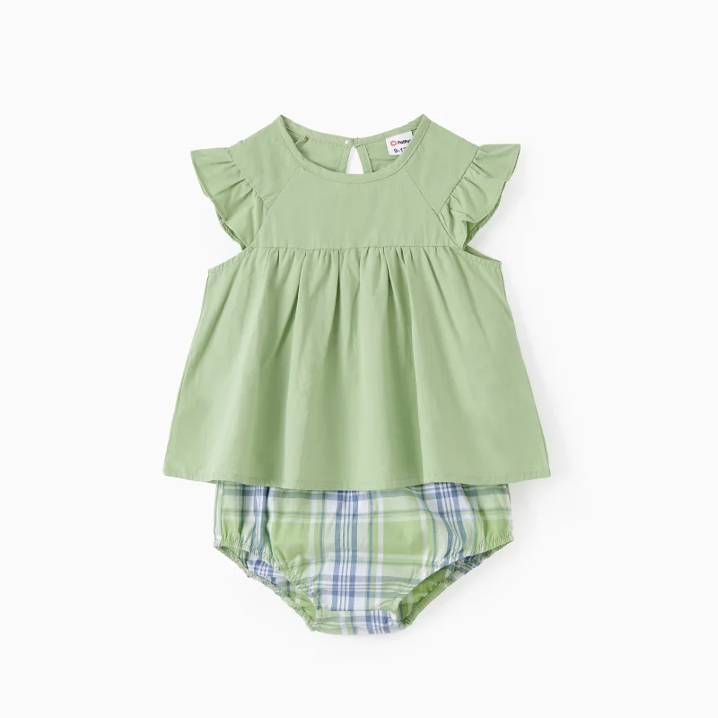 PatPat Family Matching Sets Green Plaid Shirt or Scoop Neck Sleeveless Elastic Waist A-Line Dress