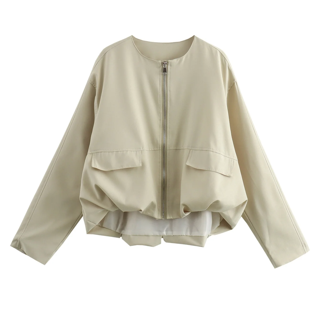 JNLEAOG Primavera delle Nuove Donne Faion Design Lungo Sve Pieghettato Cappotto a Pipistrello Fibra di Poliestere Rotondo Ne Chiusura con Cerniera Lunghezza Regolare