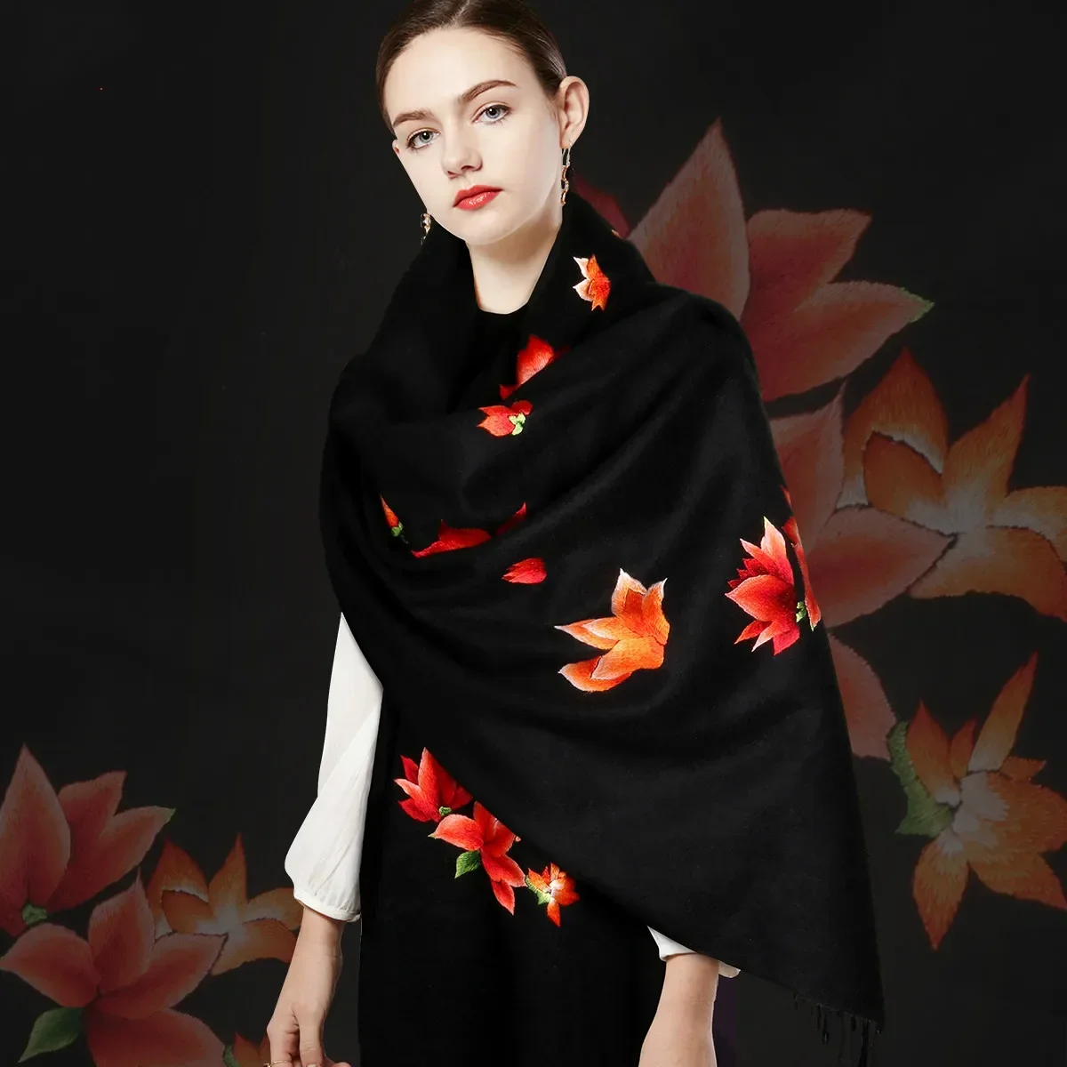 Hot salesChinese Hand Embassy Thickened Double-Sided Embroidered Cashmere Shawl Women's Ethnic  Dinner Black & Warm Scarf Gift A