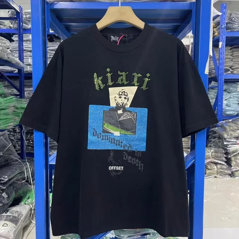 Paly Rhinestone Mask Print T-Shirt Unisex Streetwear Oversized Casual Hip Hop Short Sleeve