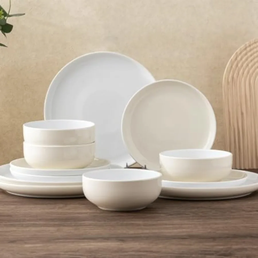 

12 Pieces Ceramic Dinnerware Set, Modern White Dish Set for 4 Scratch Resistant Smooth Plates and Bowls Sets Oven Safe Microwav