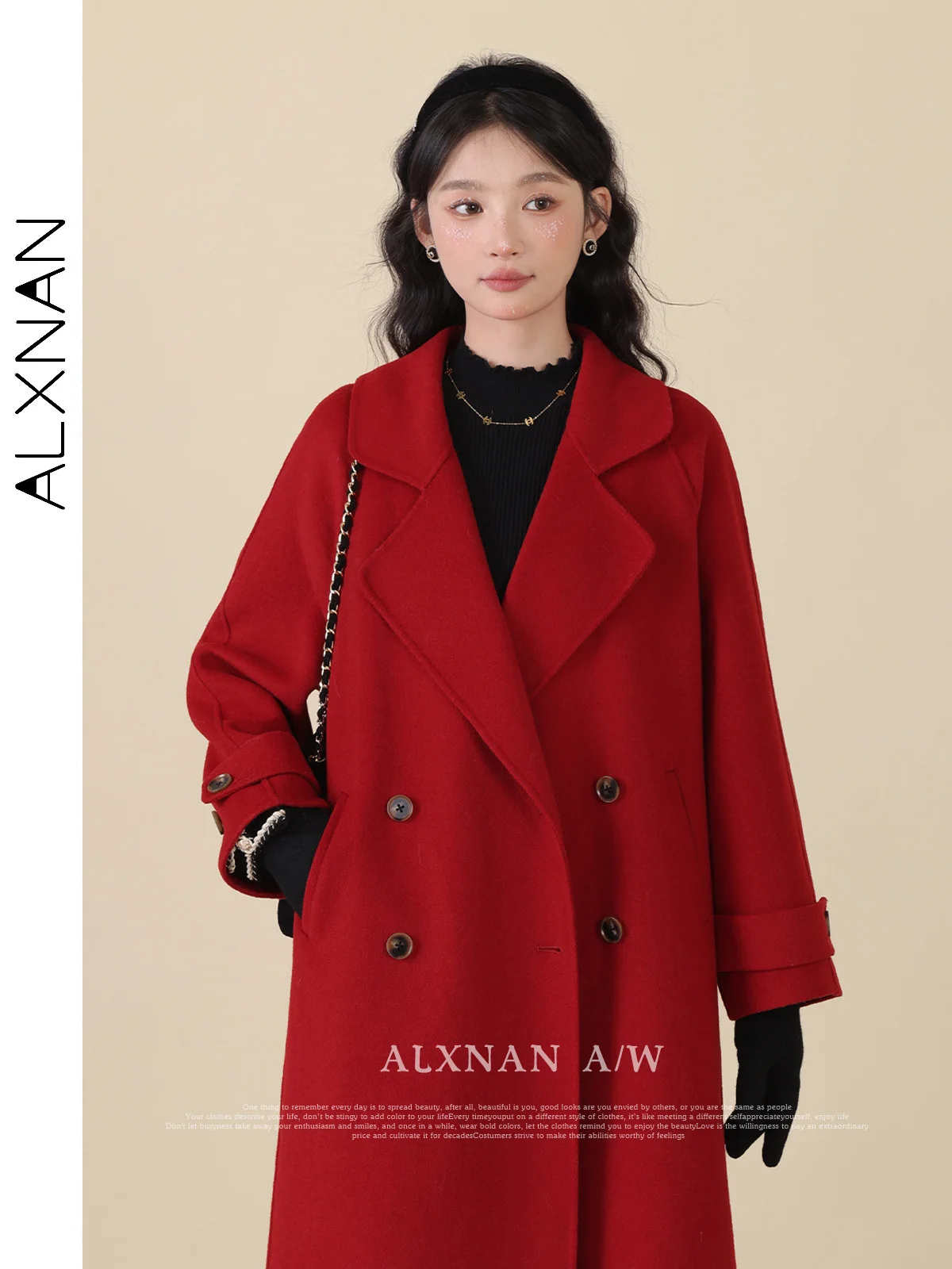 

ALXNAN Long Wool Coat Women Red Fashion Double-Breasted Lapel Coats Winter Double-Sided Tweed Handmade Tweed Jacket LXN325115