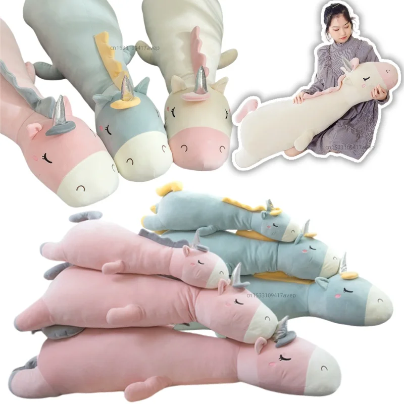 70-120cm Long Sleeping Unicorn Plush Toy Pillow Stuffed Animal Unicornio Throw Pillow Home Decor Gift for Girl School Nap Pillow