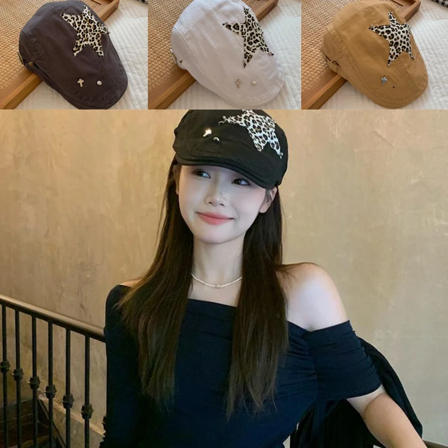 

2024 Vintage Star Leopard print applique front hat for ladies trend big head bib beret