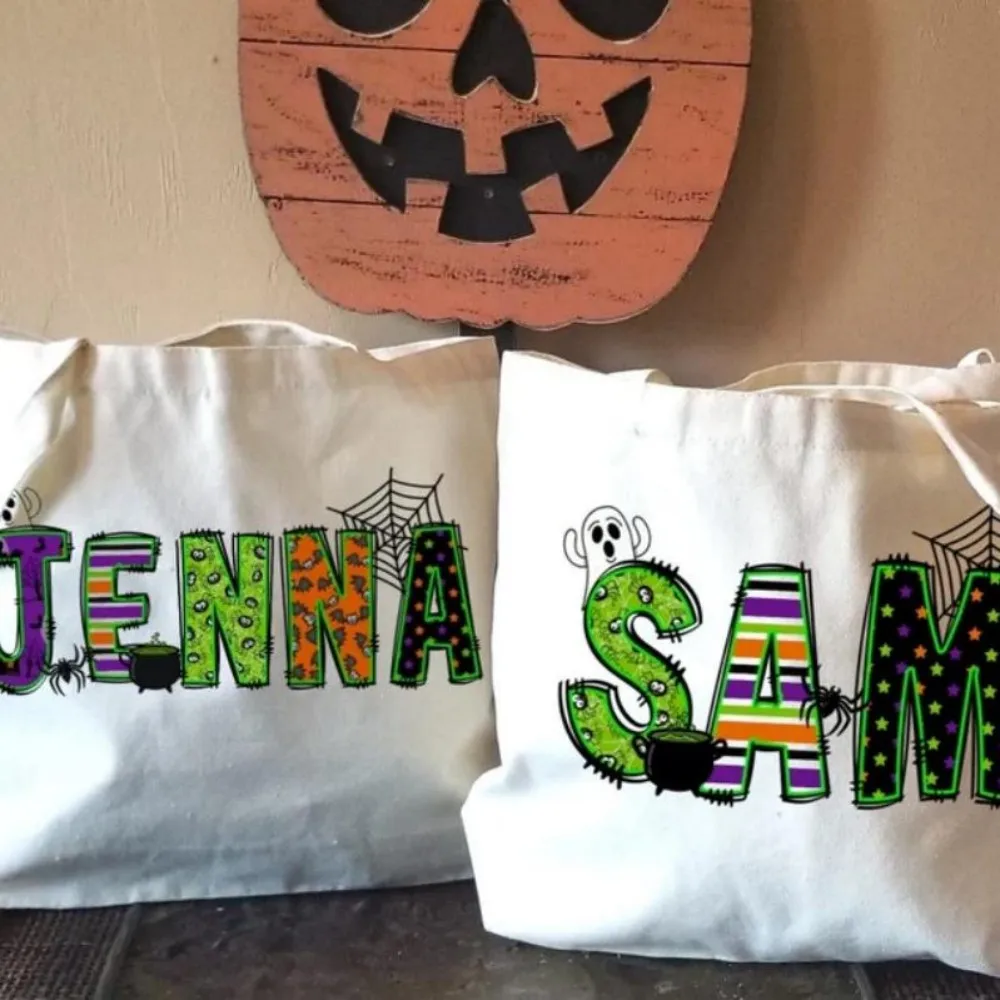 حقيبة الهالوين المخصصة للأطفال، حقيبة الهالوين ذات الاسم المخصص، حقيبة حمل شخصية للفتيات والأولاد خدعة أو علاج للأطفال