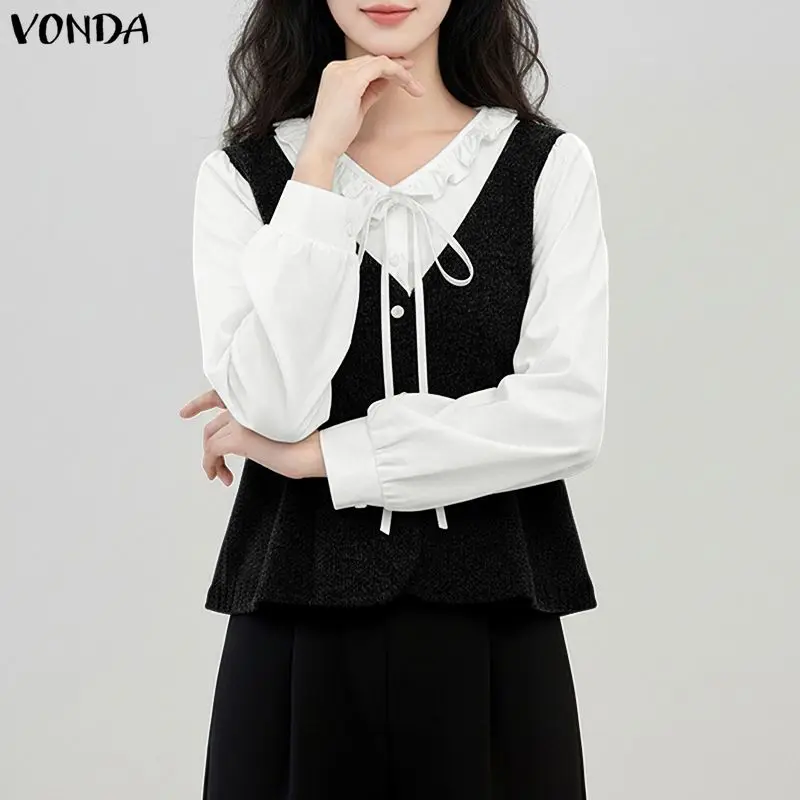 

VONDA Fashion Tops Women Long Sleeve V-Neck Casual Loose Blouse Shirts Spring Bandage Elegant Office Lady Blusas Female Clothing