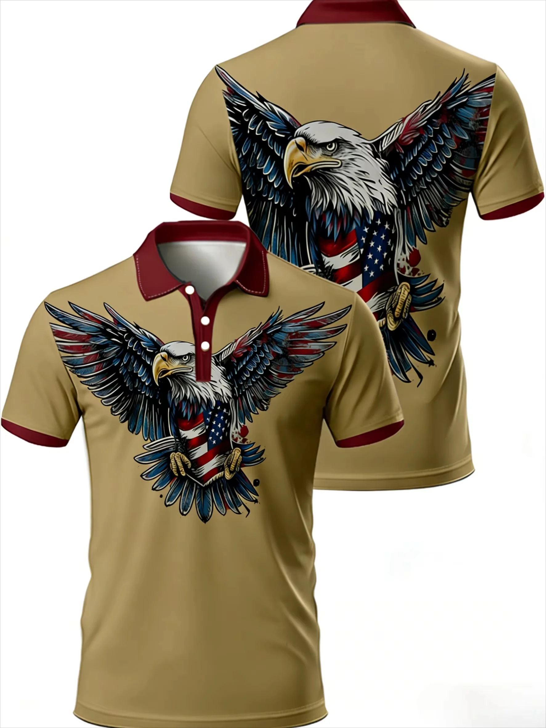 2026 Summer American Eagle Print Polo Shirt Men's Khaki & Red Short Sleeve Casual Top Patriotic Flag Design Golf Shirt Kids