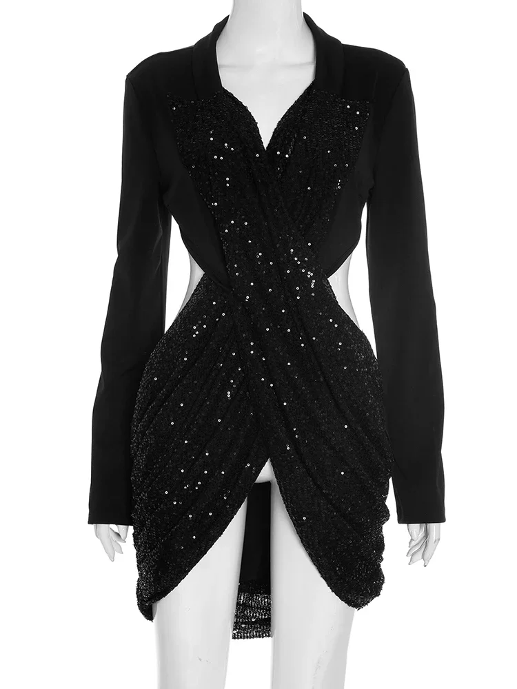 EOENKKY Sexy robe sans taille femmes paillettes Patchwork dos nu revers conception croisée froncé élégant pêche hanche maigre Mini moulante