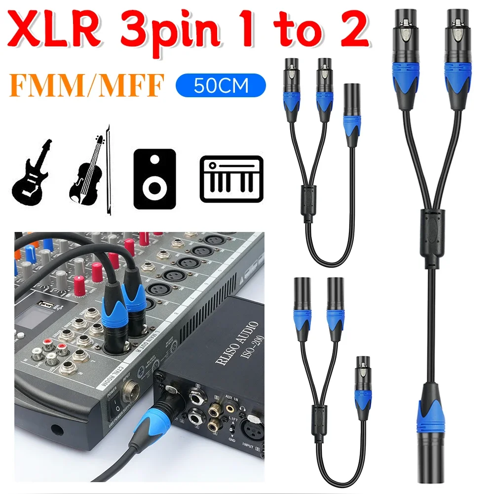 50cm XLR Splitter Cable 1 XLR Male To 2 XLR Female XLR Y Splitter Cable Microphone Splitter Cord for Amplifier Microphone Mixer