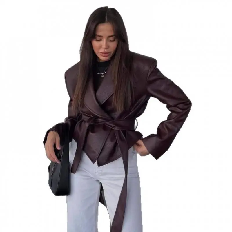 Stylish Trendy Biker Leather Jacket Women's Autumn Winter New Arrival Cool Tie-Detail Elegant Personality Outerwear Coat