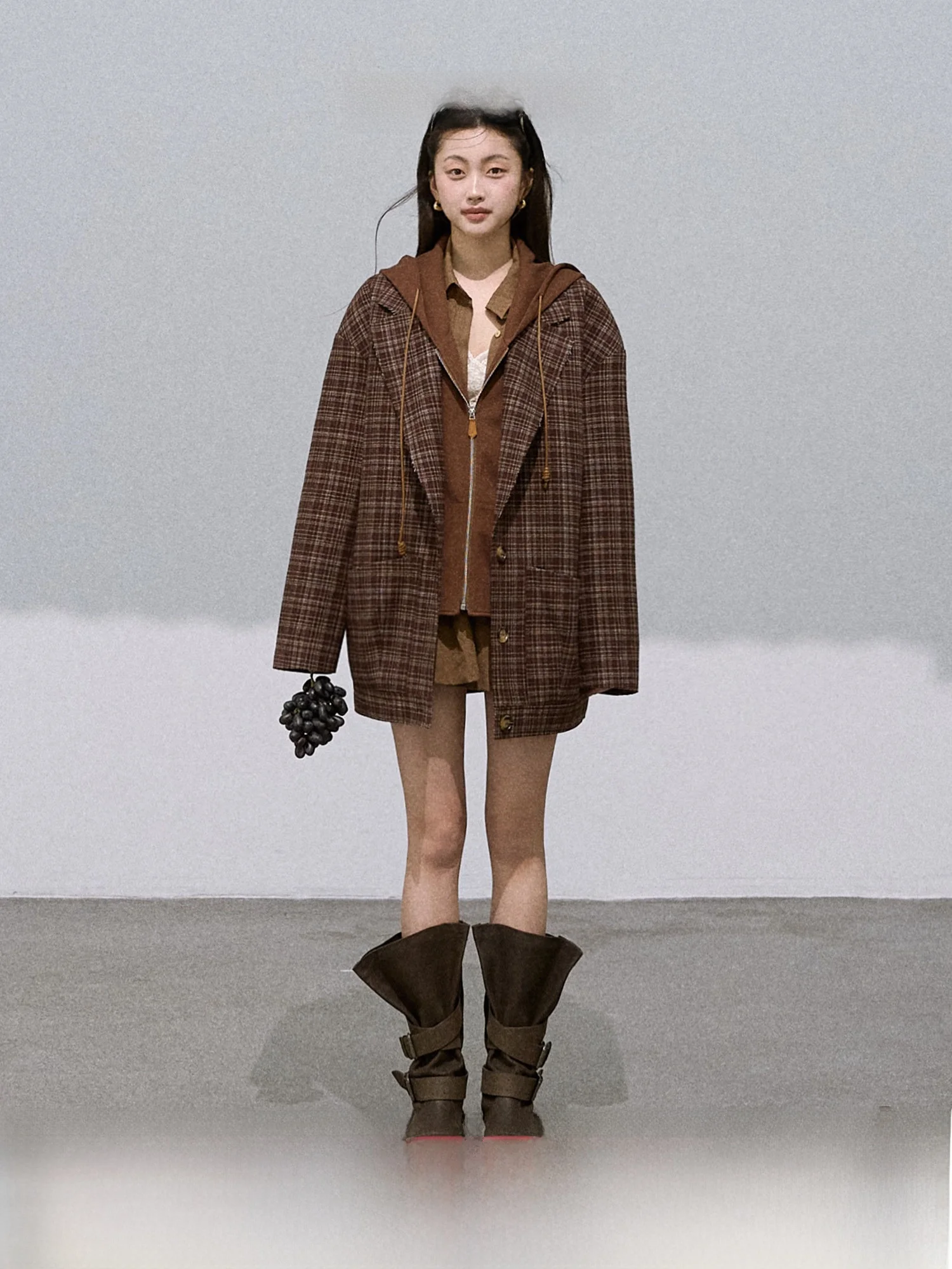 

OAKMOO Hooded Plaid Woolen Jaet Sle Spliced Faionable Autumn Coat Polyester Viscose Blend Long Sve Busin Suit Collar