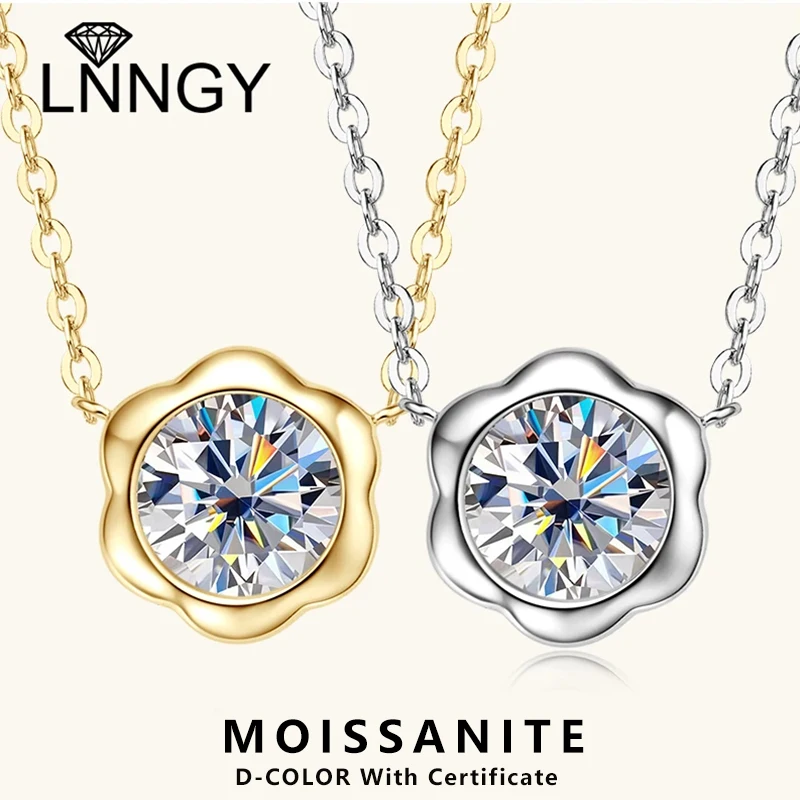 

Lnngy Certified D1.00CT Moissanite Necklace 925 Sterling Silver Flower Shape Pendant Necklace for Women Korean INS Jewelry