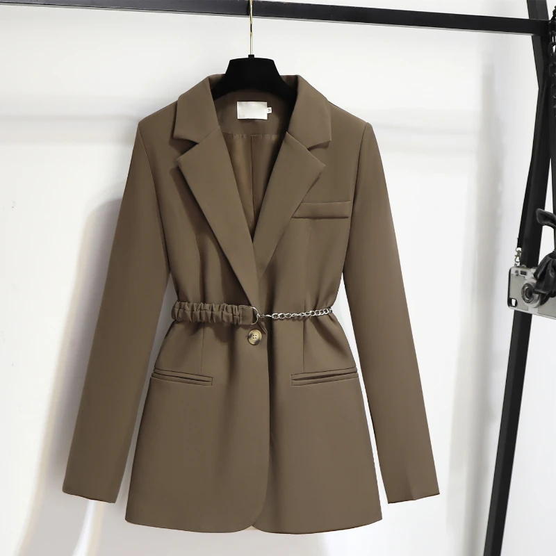 

Women Chic Chain Belt Blazer Office Lady Classic Coat Suit Jacket Female Pocket Long Sleeve Notched Collar Autumn Outwear Outfit