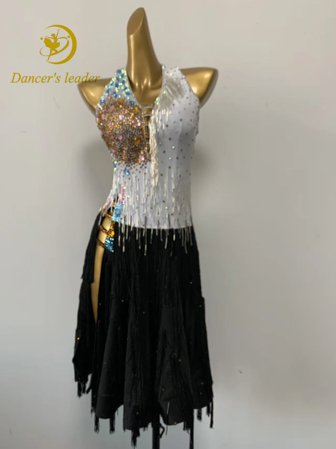 

Latin Dance Adult And Children's Dress AB Stone High-End Custom Splicing Color Split Skirt Tango Women's Professional Clothing