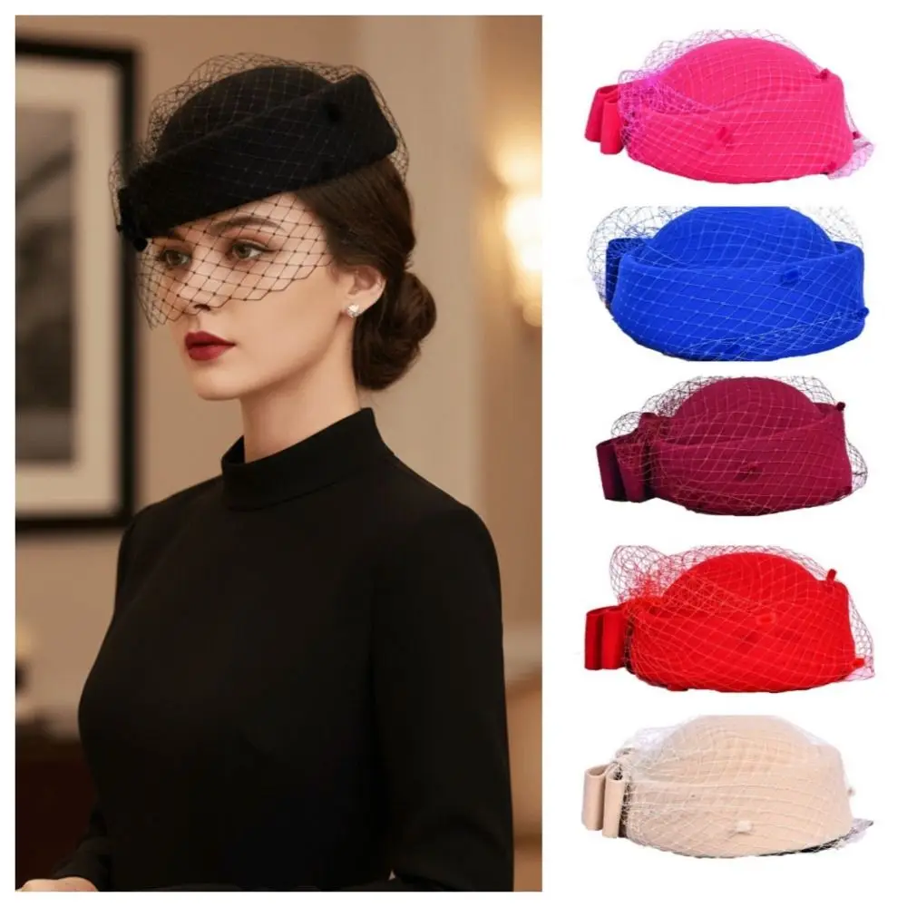 

Elegant Mesh Wool Bow Hat with Veil Solid Color British Style Pillbox Hat Photography Decoration Cashmere Topper Hat Dinner