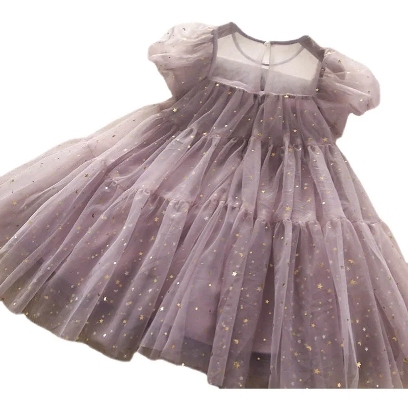 Bambini ragazze principessa vestito a rete 2024 estate bambini stella vestito con paillettes soffice garza vestito da principessa