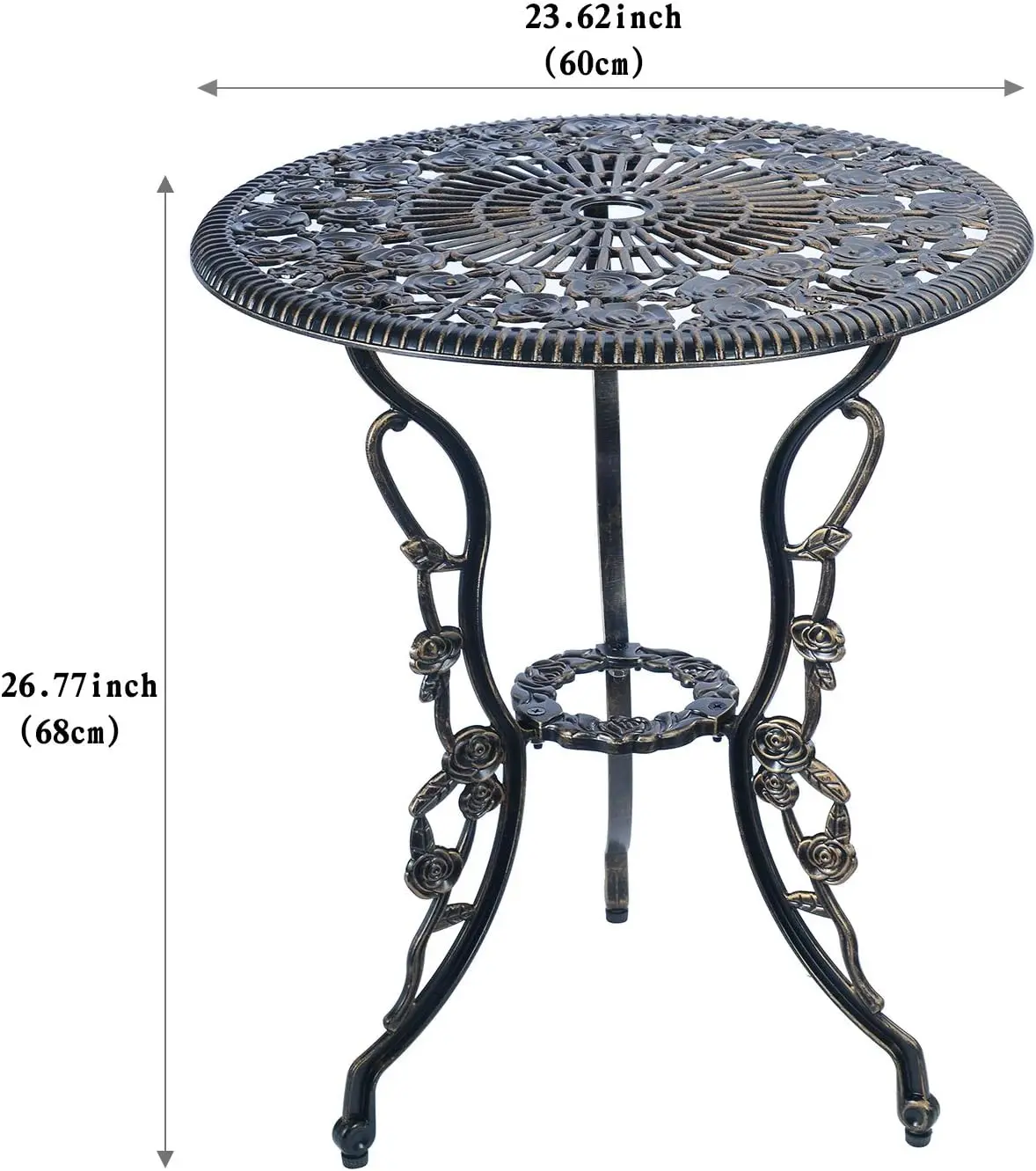 Antique copper anti-rust cast aluminum 3-piece outdoor bistro set with stable metal table and two matching chairs, durable rustproof seating for front porch and private yard