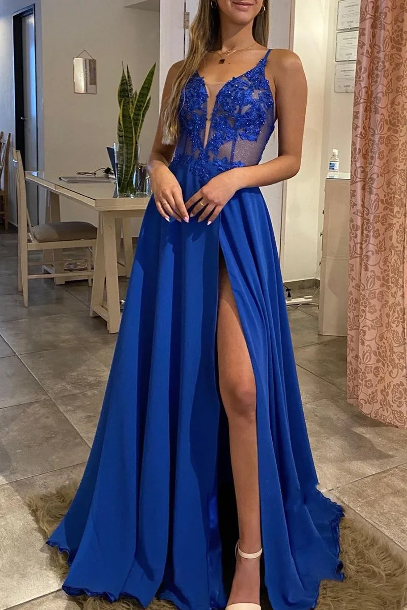 Prom Dresses Long Lace Appliques Beaded Satin High Slit Illusion Spaghetti Straps Sleeveless A Line Formal Party Evening Gowns