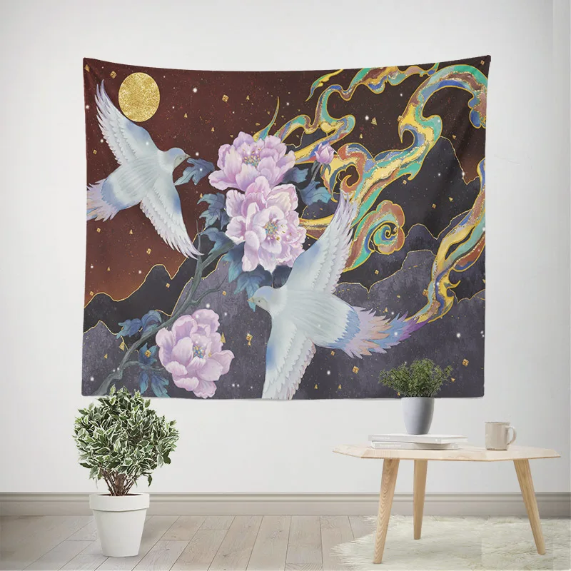 Japanese Art Painting Wall Tapestry Bird Flower  Tapestry Aesthetic Living Room Sofa Bed Dorm Wall Hanging Room Decor 150x200 Cm