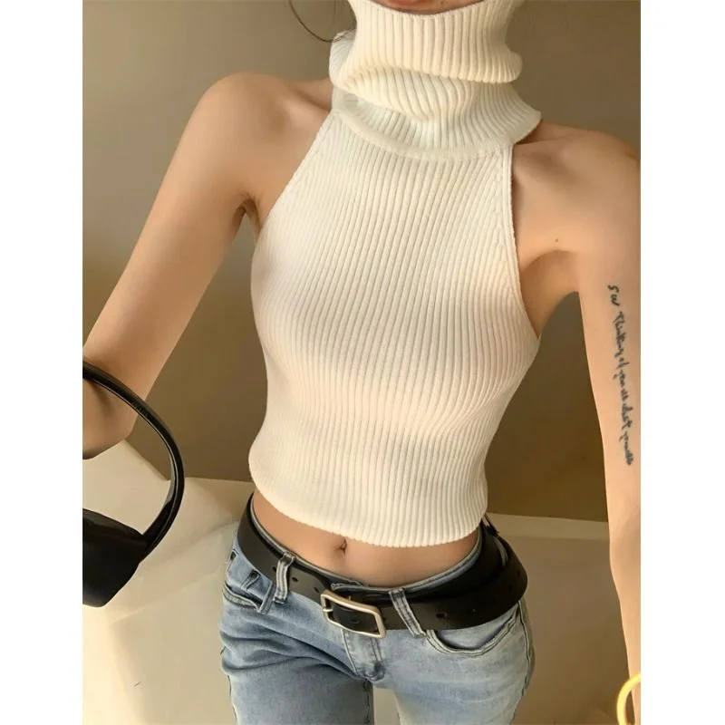 

Pure Lust Sexy Retro Turtleneck Knitted Sweet and Spicy Tank Top with Short Sleeveless Top