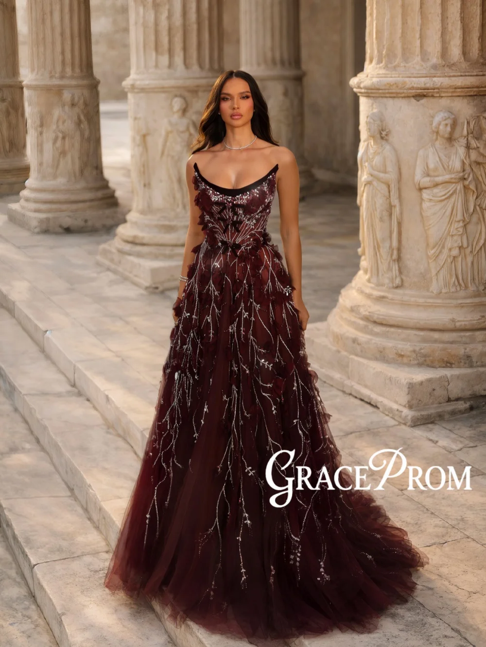 

New Burgundy Beaded Evening Dress Strapless A-line Floor-length Wedding Party Gowns Customized Opulent 3D Floral Banquet Gowns