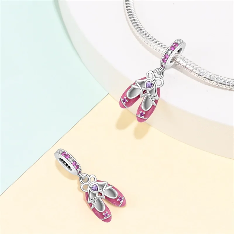 

Original 925 Sterling Silver Pink Dance Shoes Charms Beads Fit 3mm Original Bracelet DIY Women Exquisite Birthday Jewelry Gifts